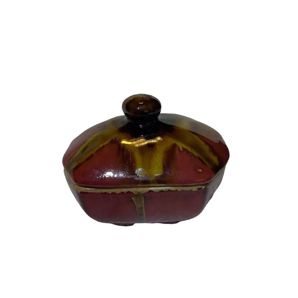 Drip Glazed Pottery Bowl Large 9.5x4 Brown Trinket Jewelry Holder Ribbed &‎ Lid